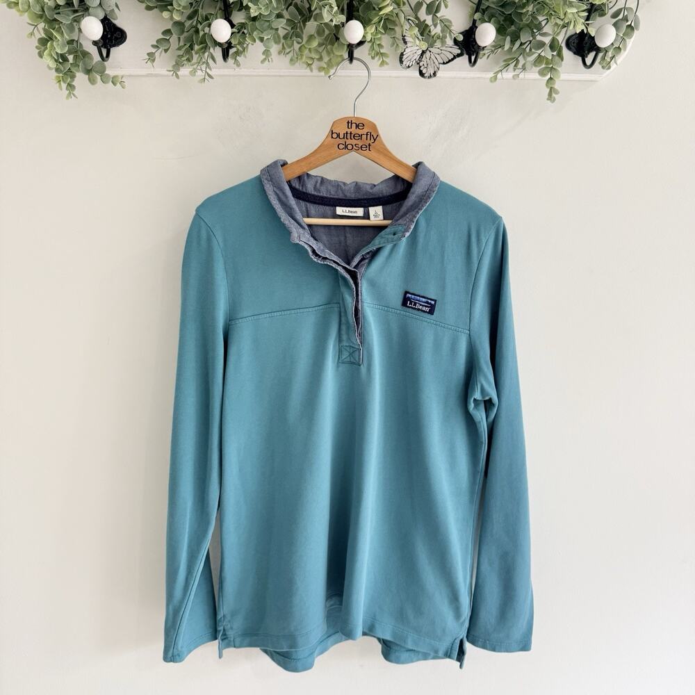L.L.Bean Soft Cotton Rugby Long Sleeve Shirt 1/4 Button Up Teal Size L 103250